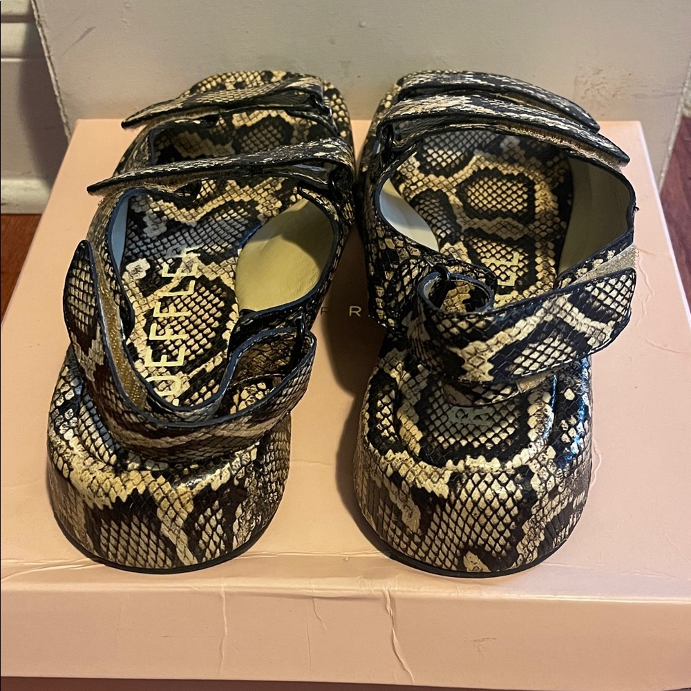 Loeffler Randall Black and Cream Snake Print Sandals Blaise- Sahara
